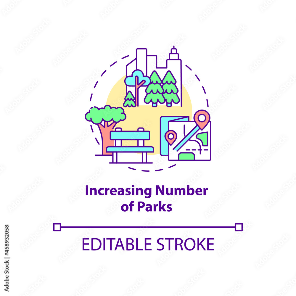 Increasing number of parks concept icon. City solution abstract idea thin line illustration. Solving environmental problem in city. Vector isolated outline color drawing. Editable stroke Increasing number of parks concept icon. City solution abstract idea thin line illustration. Solving environmental problem in city. Vector isolated outline color drawing. Editable stroke