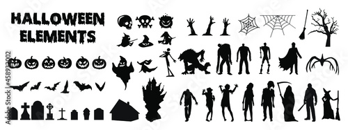 Big Set of halloween silhouettes black icons and characters. Collection of vector illustrations. Isolated elements on white background. Horror characters from old vintage movies and tv shows.