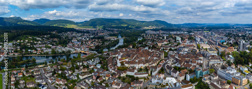 Aerial view around the old town of Aarau in Switzerland on a sunny day in summer.