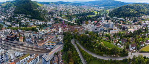 Titel: Aerial view around the old town of Baden in Switzerland on a sunny morning day in summer.