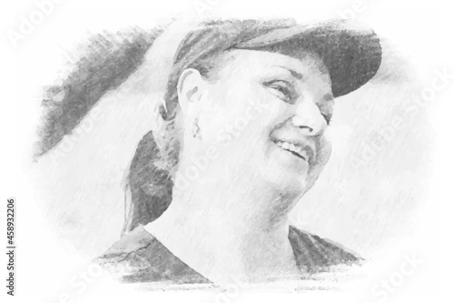 Pencil Portrait of a merry adult Armenian woman wearing a black baseball cap. A happy middle-aged woman. Vector illustration.