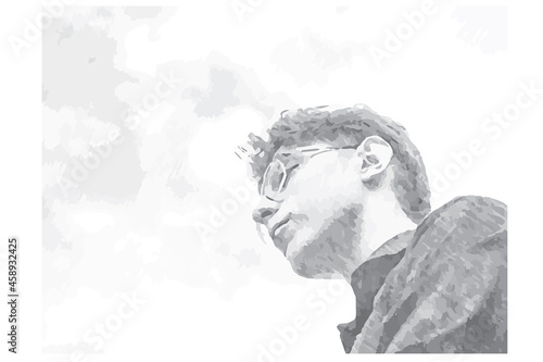 Pencil portrait young adult male against sky. Man wearing black shirt and optical glasses. View from bottom to top. Vector Illustration