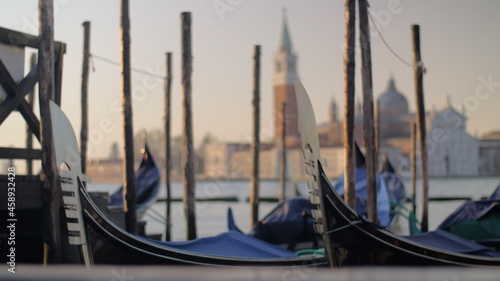 Gondolas mooring in Venice, Italy