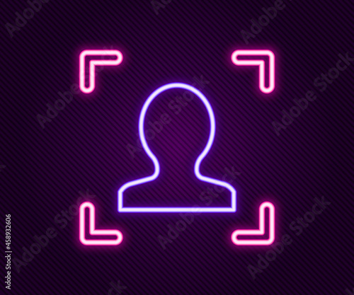 Glowing neon line Face recognition icon isolated on black background. Face identification scanner icon. Facial id. Cyber security concept. Colorful outline concept. Vector
