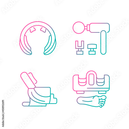 Vibrating massagers gradient linear vector icons set. Massage chair. Devices for neck and feet stimulation. Thin line contour symbols bundle. Isolated outline illustrations collection