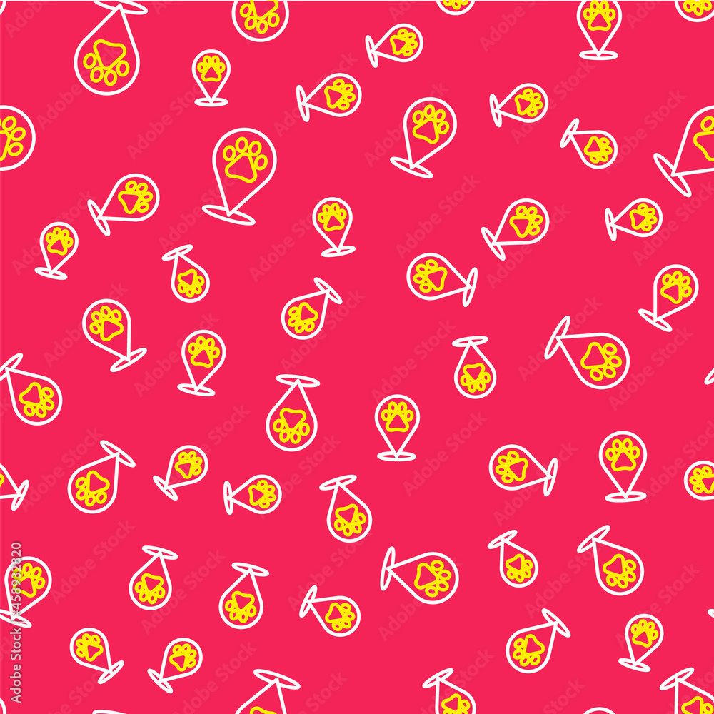 Line Map pointer with veterinary medicine hospital, clinic or pet shop for animals icon isolated seamless pattern on red background. Vet or veterinarian clinic. Vector Line Map pointer with veterinary medicine hospital, clinic or pet shop for animals icon isolated seamless pattern on red background. Vet or veterinarian clinic. Vector