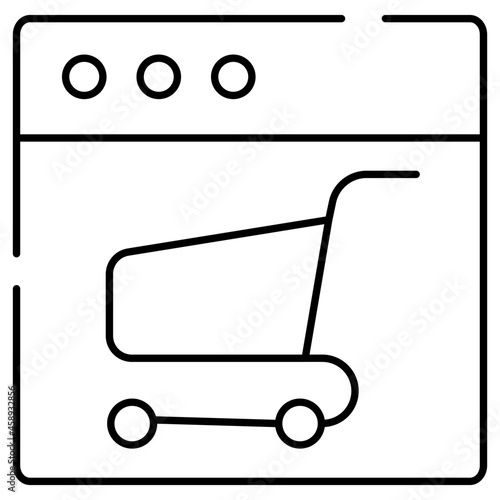 Pushcart on web page, linear design icon of shopping website

