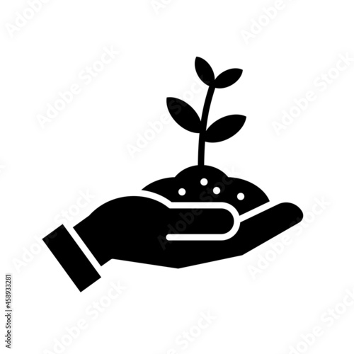 Plant sprout in hand icon, Hands holding seedling in soil logo, Environment protection, Ecology concept, Vector illustration