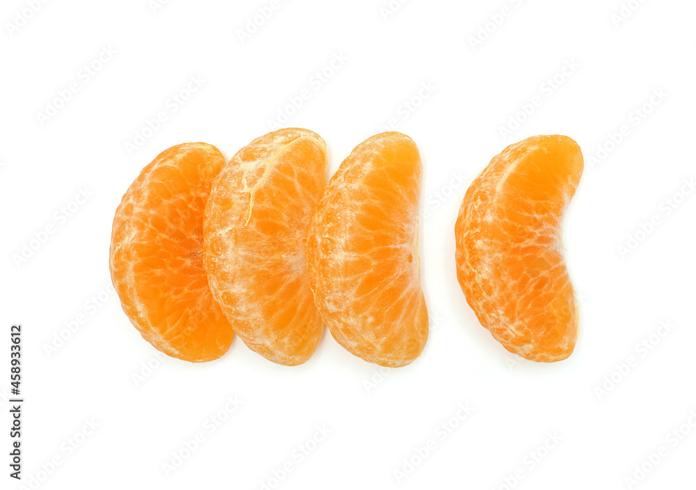 Peeled tangerine segment fruit, Mandarin pieces Isolated on white background, Top view Peeled tangerine segment fruit, Mandarin pieces Isolated on white background, Top view