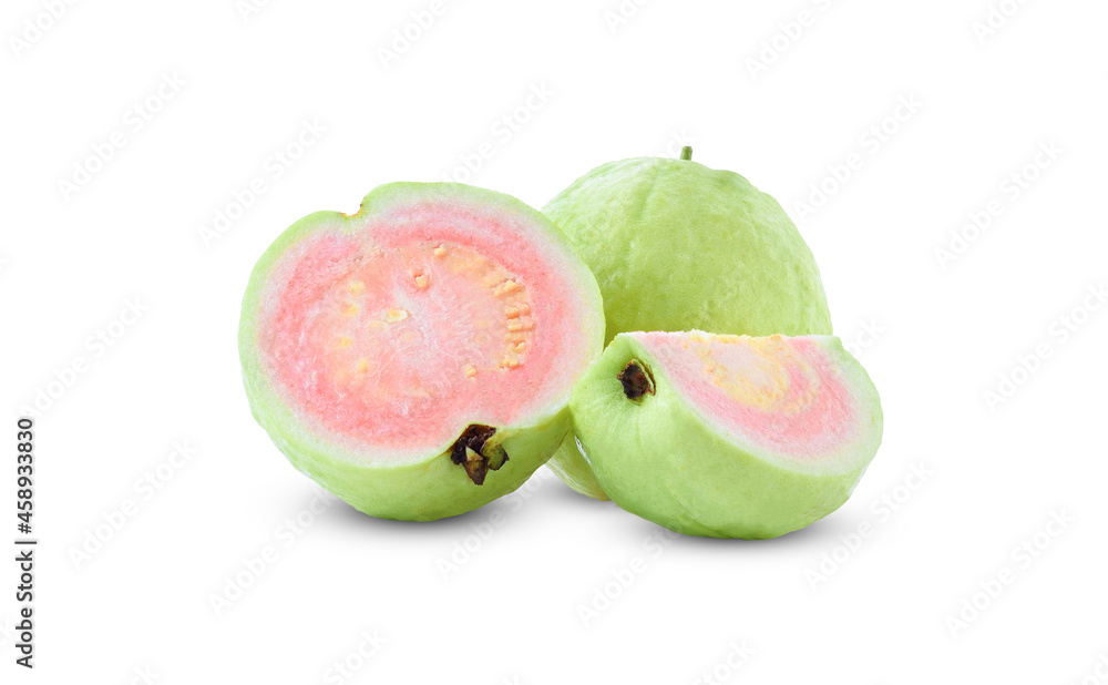 Guava fruit with leaf isolated on white background