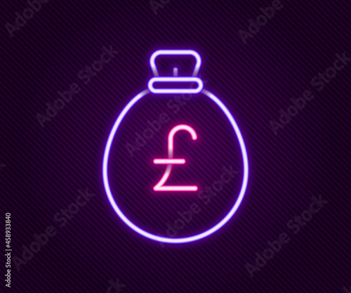 Glowing neon line Money bag with pound icon isolated on black background. Pound GBP currency symbol. Colorful outline concept. Vector