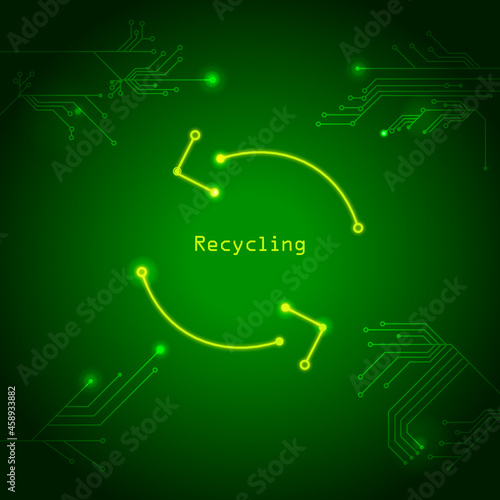 recycling icon on a green circuit board illustration electronic devices