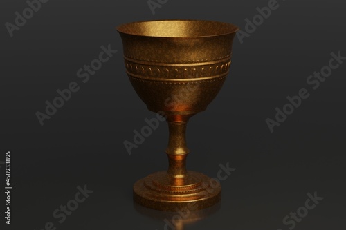 Ancient chalice on shiny ground. 3D Render