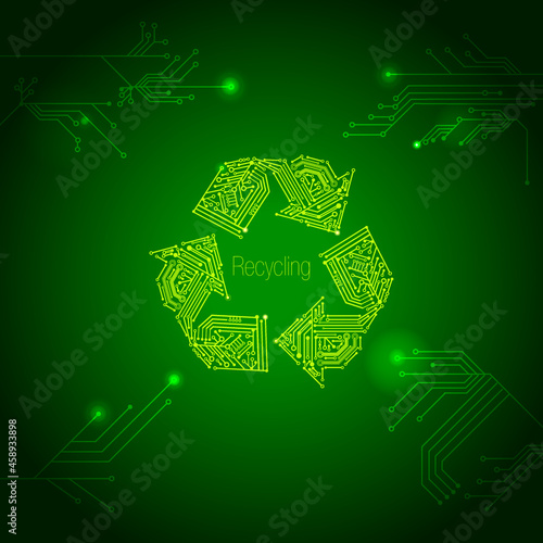 recycling icon on a green  circuit board illustration electronic