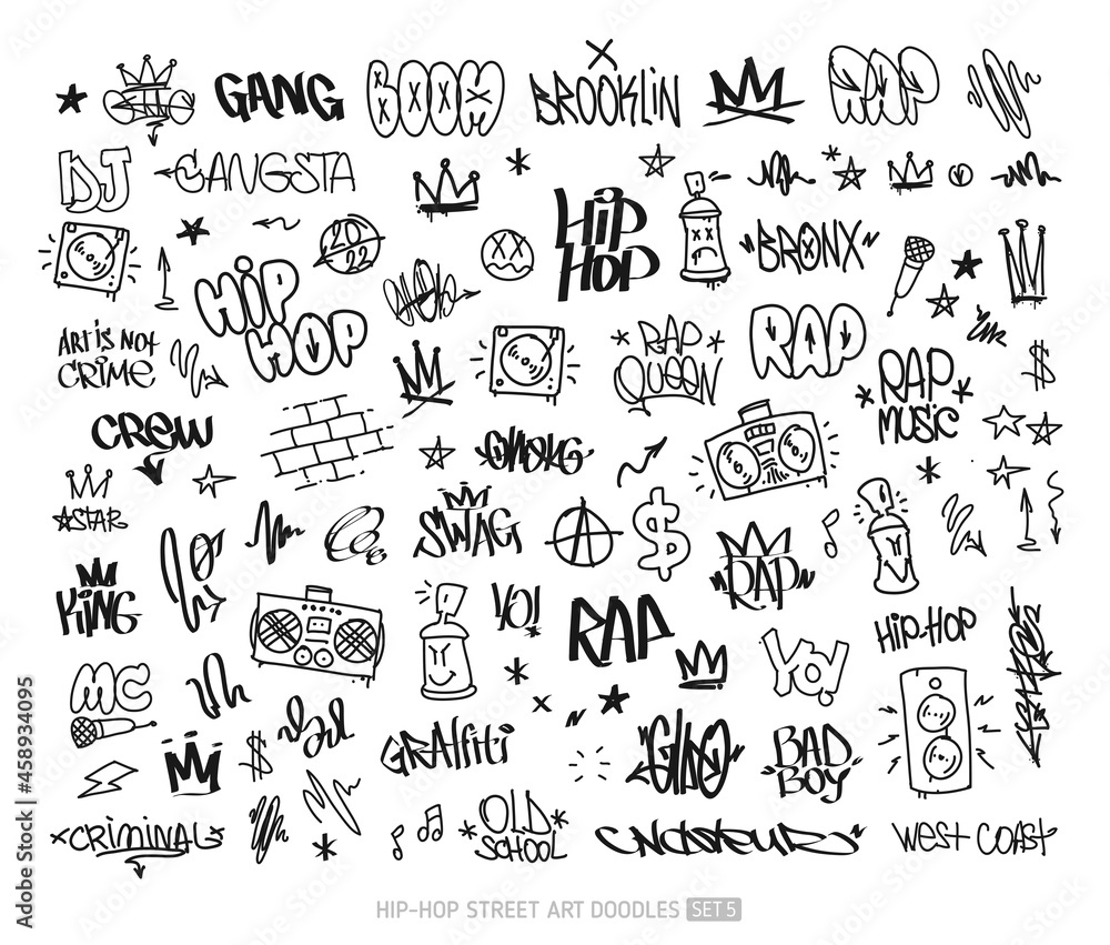 Hip-Hop graffiti doodle set and street art tags vector icons collection. Rap and hip-hop grunge elements for pattern and tee print design. Isolated on white - obrazy, fototapety, plakaty 