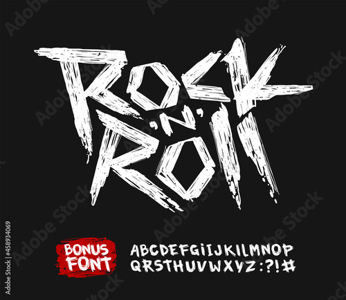 Rock grunge style poster and doodle type font - vector template. Set of Rock'n'roll music logo and vintage style font alphabet for print stump tee and poster design. Rock music hand drawn lettering