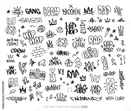 Hip-Hop graffiti doodle set and street art tags vector icons collection. Rap and hip-hop grunge elements for pattern and tee print design. Isolated on white
