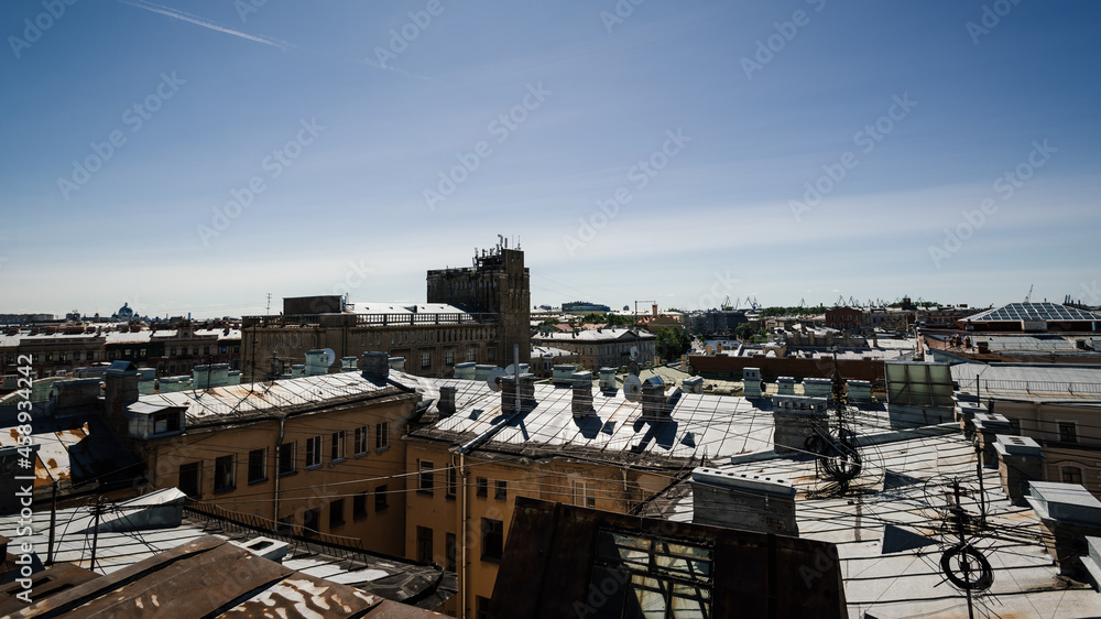 urban pitched roofs. city center, view of historic buildings. view of the city from the rooftops. European beautiful city.