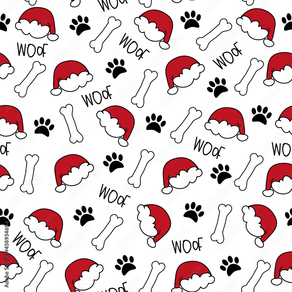 Vetor de Dog paw seamless pattern for Christmas - paw print, and Santas  hat, bone and woof text. Good for textile print, wrapping paper, and other  gifts design. do Stock