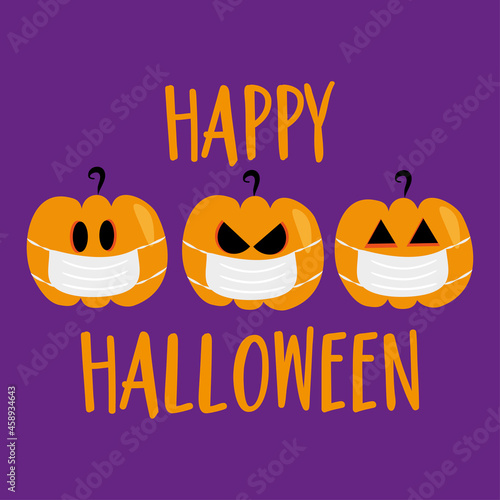 Happy Halloween - Pumpkin in face mask. Funny greeting card for Halloween in covid-19 pandemic self isolated period.  