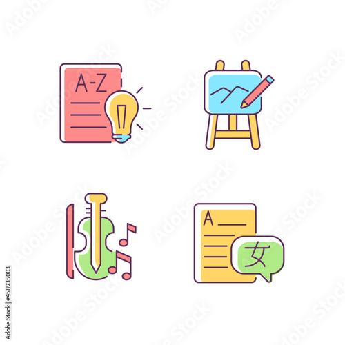 Variety of subjects in school RGB color icons set. Art classes. Music education. Learning foreign languages. Financial literacy. Isolated vector illustrations. Simple filled line drawings collection