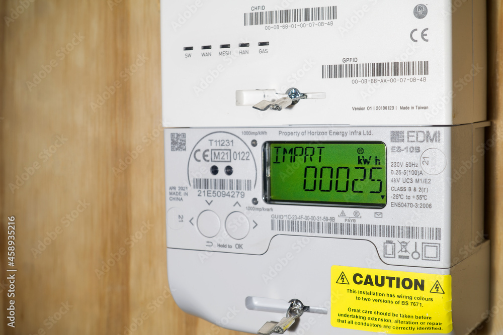 London, England, September 24th 2021: A new domestic smart meter installed. Electric  meter display panel showing kWh Import reading. Concept for energy supplier  and price rise. Copy text space. Stock Photo