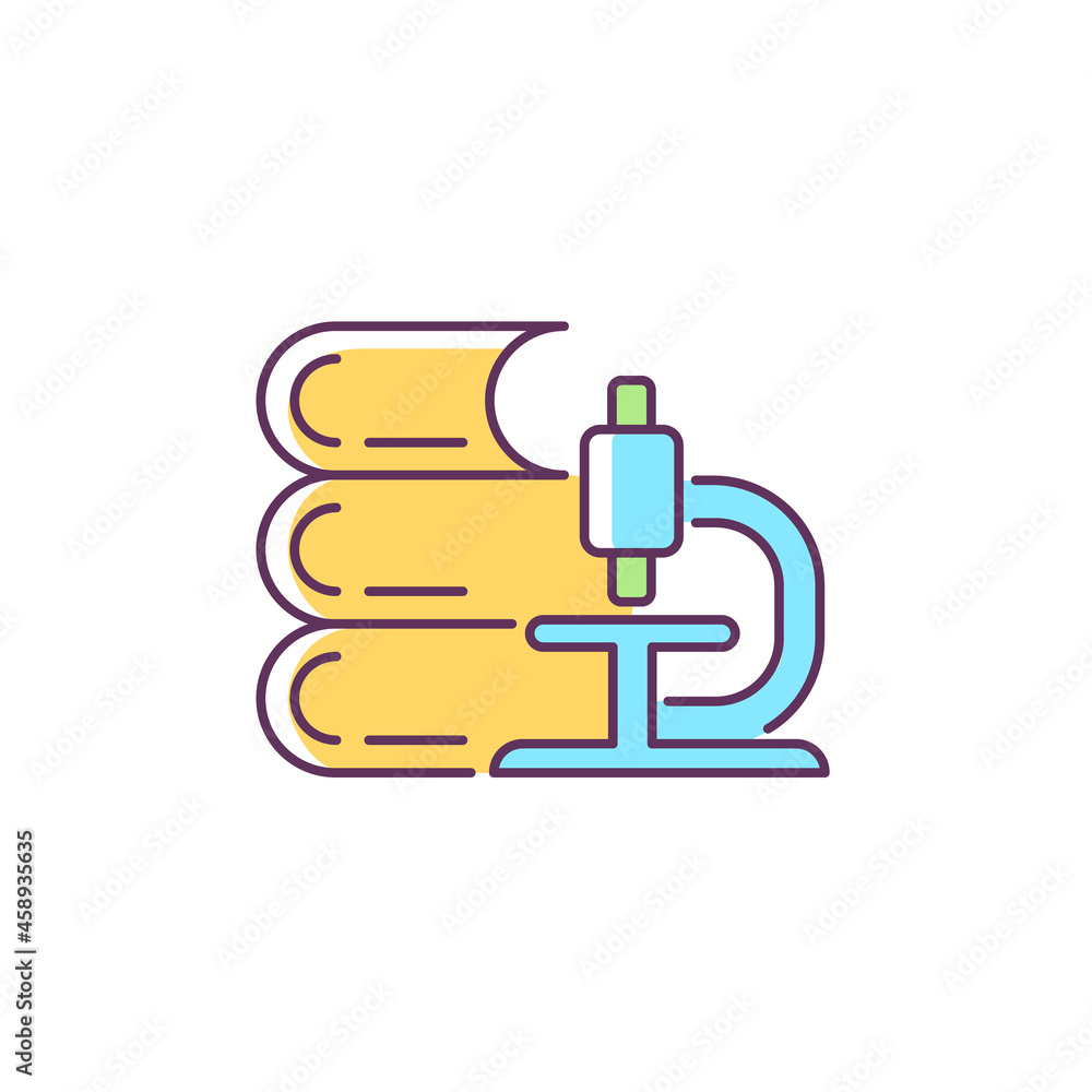 Science RGB color icon. Microscope, stack of books. Learning through observation and experimentation. Science classes in school. Isolated vector illustration. Simple filled line drawing Science RGB color icon. Microscope, stack of books. Learning through observation and experimentation. Science classes in school. Isolated vector illustration. Simple filled line drawing