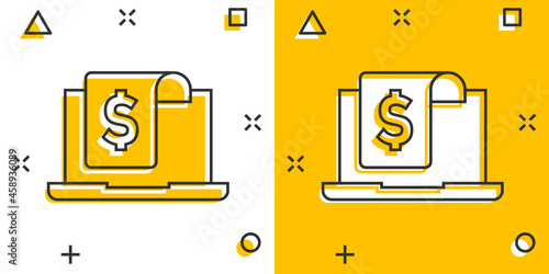 Laptop with money icon in comic style. Computer dollar cartoon vector illustration on white isolated background. Finance monitoring splash effect business concept.