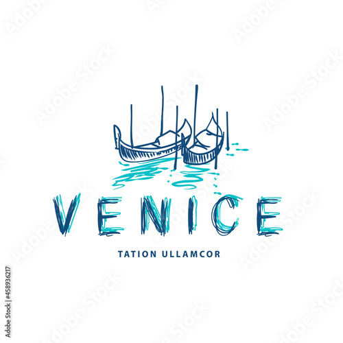 Venice logo template with two Gondolas in Venice, Italy. Hand drawn vector sketch logo with moored gondolas.