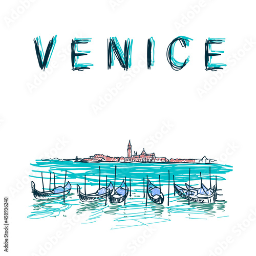 Gondolas in Venice sketch. Hand drawn colored sketch illustration with moored gondolas in Venice, Italy.