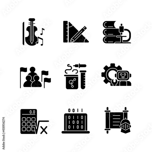 Different types of school subjects black glyph icons set on white space. Scientific study. Music classes in educational institutions. Silhouette symbols. Vector isolated illustration