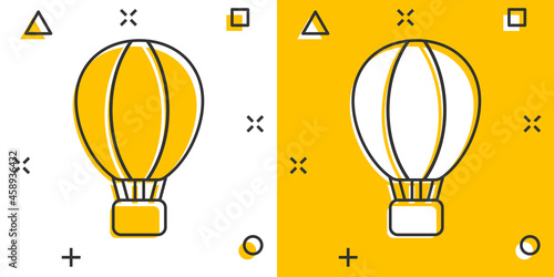 Air balloon icon in comic style. Aerostat cartoon vector illustration on white isolated background. Flying transport splash effect business concept.