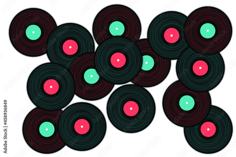 Vinyl records falling vector musical background. Objects, music symbols, vintage style vinyl records vector illustration in black, pink and blue. DJ jukebox plastic elements, music disk logo. Vinyl records falling vector musical background. Objects, music symbols, vintage style vinyl records vector illustration in black, pink and blue. DJ jukebox plastic elements, music disk logo.