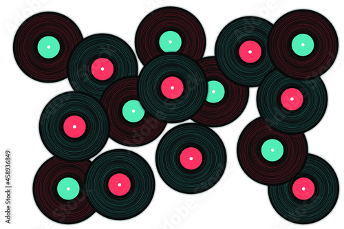 Vinyl records falling vector musical background. Objects, music symbols, vintage style vinyl records vector illustration in black, pink and blue. DJ jukebox plastic elements, music disk logo.