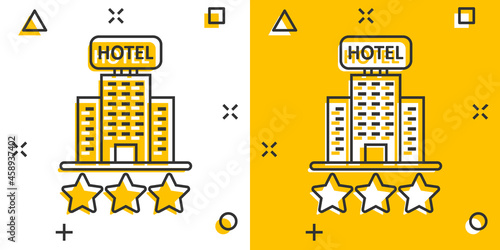Hotel 3 stars sign icon in comic style. Inn building cartoon vector illustration on white isolated background. Hostel room splash effect business concept.