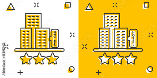 Hotel 3 stars sign icon in comic style. Inn building cartoon vector illustration on white isolated background. Hostel room splash effect business concept.