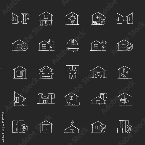 Building safety requirements chalk white icons set on dark background. Remodeling house. Standards for buildings design. New construction inspection. Isolated vector chalkboard illustrations on black