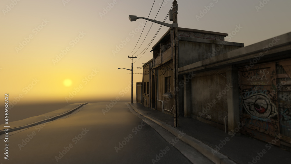 Old empty street with deserted concrete buildings and electricity poles at sunset. 3D render.
