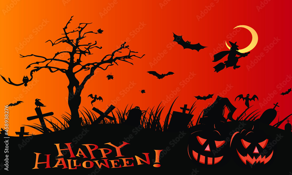 Halloween night background, pumpkins, bat, tree, moon and dark castle. Happy Halloween banner or party invitation background vector illustration.