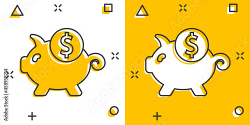 Money box icon in comic style. Pig container cartoon vector illustration on white isolated background. Piggy bank splash effect business concept.