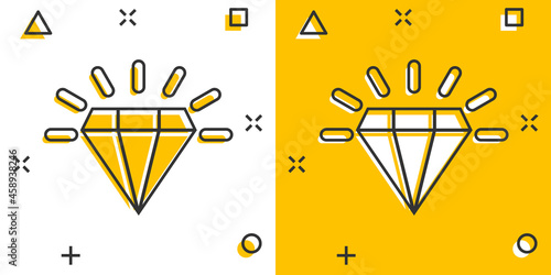 Diamond gem icon in comic style. Gemstone cartoon vector illustration on white isolated background. Jewelry brilliant splash effect business concept.