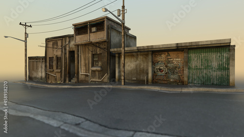 Fototapeta Naklejka Na Ścianę i Meble -  Old empty street with deserted concrete buildings and electricity poles at sunset. 3D render.