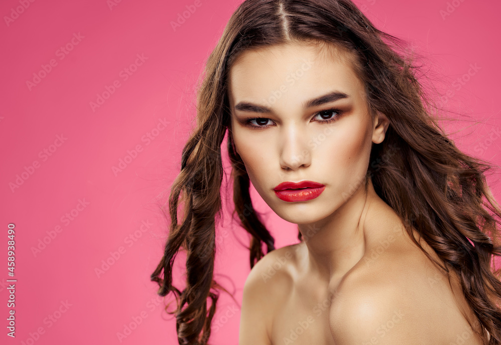 brunette attractive look luxury pink background brunette attractive look luxury pink background
