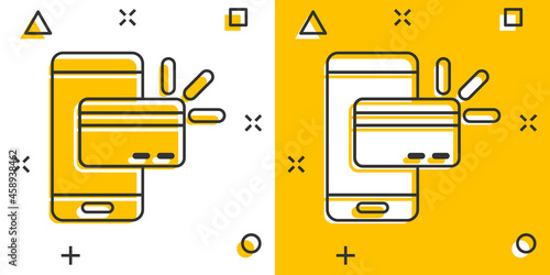 Smartphone paying icon in comic style. Nfc credit card cartoon vector illustration on white isolated background. Banking splash effect business concept.