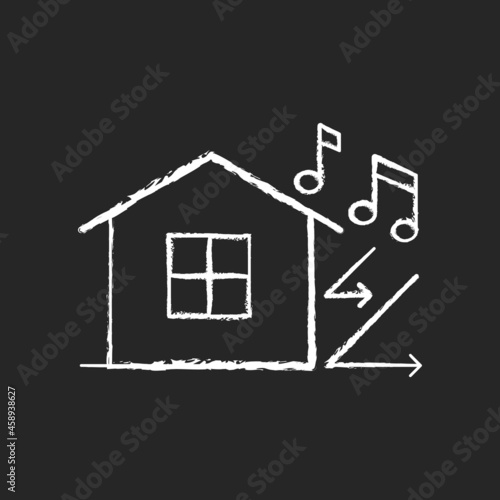 Sound insulation chalk white icon on dark background. Walls soundproofing performance improvement. Sound attenuation. Soundproof from outside noise. Isolated vector chalkboard illustration on black