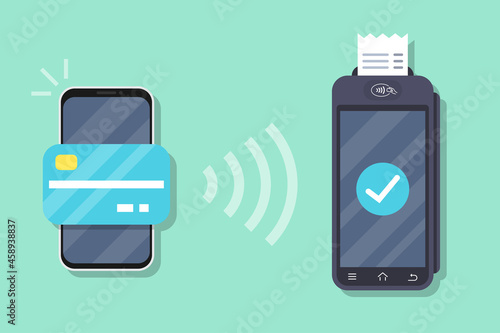 Successful payment operation. POS terminal confirms the payment by smartphone. Smartphone with mobile payment