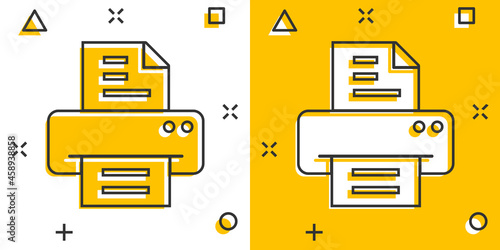 Office printer icon in comic style. Fax cartoon vector illustration on white isolated background. Text printout splash effect business concept.