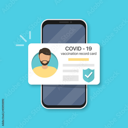 Smartphone with men COVID-19 vaccination record card. Immunity Covid-19 certificate in a flat design