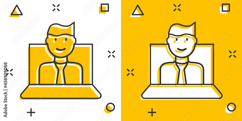 People with laptop computer icon in comic style. Pc user cartoon vector illustration on white isolated background. Office manager splash effect business concept. People with laptop computer icon in comic style. Pc user cartoon vector illustration on white isolated background. Office manager splash effect business concept.