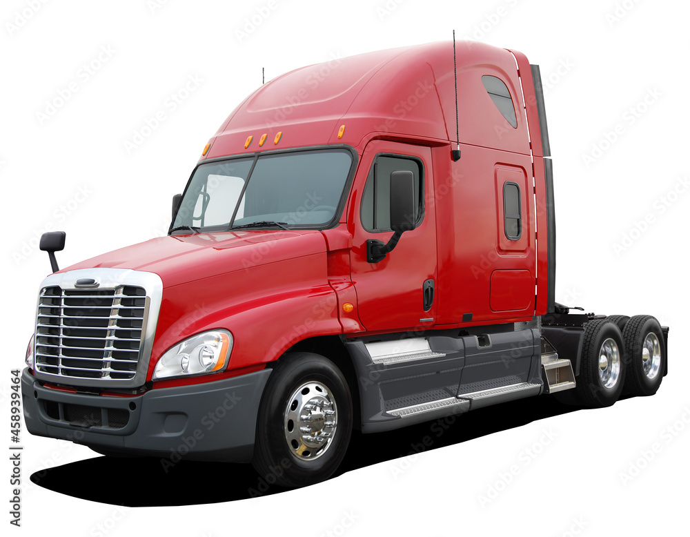 Large American modern tractor truck in full red color isolated on white background. Large American modern tractor truck in full red color isolated on white background.